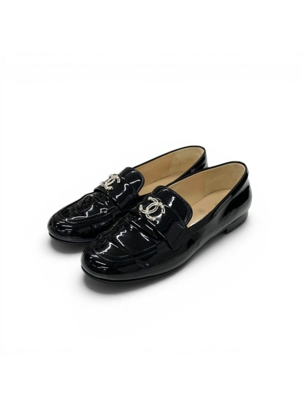 Chanel Loafers Leather Shoes Patent Black Silver CC Logo Rhinestone Pearl